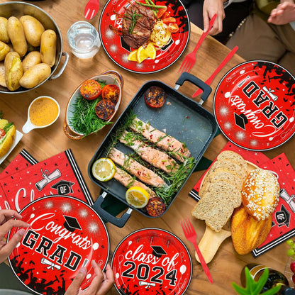 LELEMON Graduation Party Supplies Red Tableware Set Serves 25 Disposable