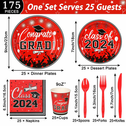 LELEMON Graduation Party Supplies Red Tableware Set Serves 25 Disposable