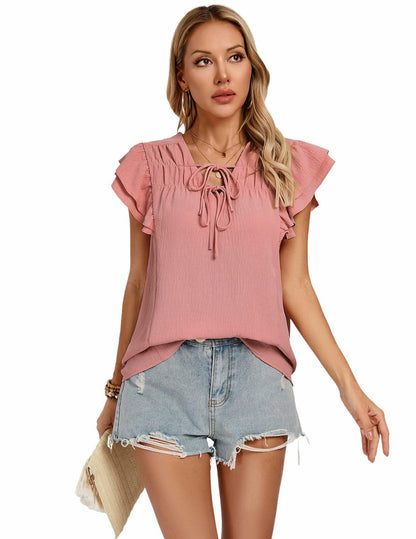 Blouses Women V Neck Ruffle Sleeve Drawstring Front Pink Size S