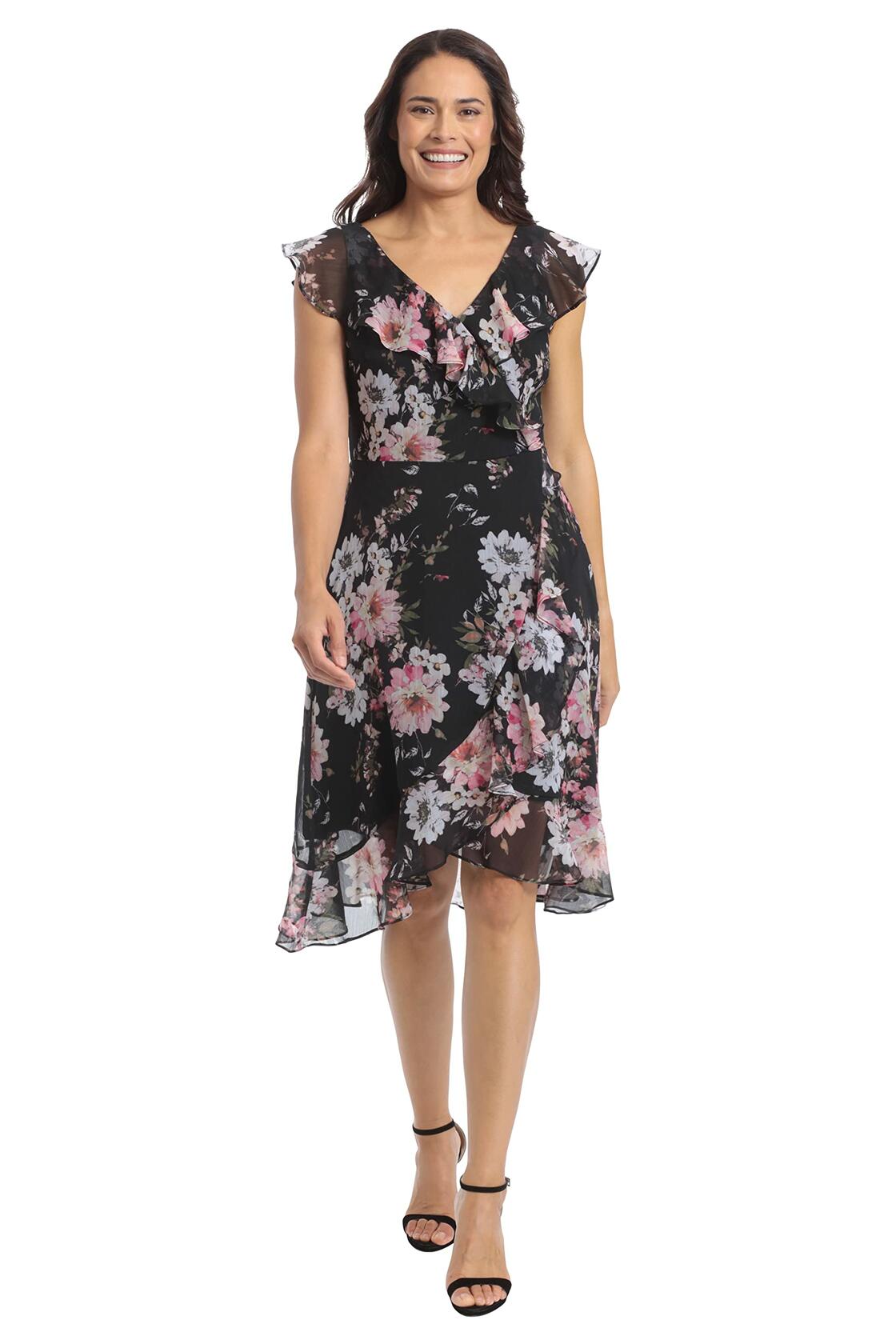 [Like New] London Times Women's Chiffon Ruffle Dress Black/Blush Size 14