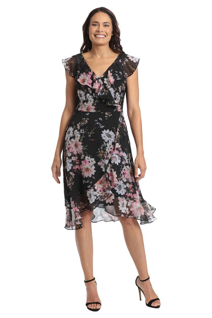 [Like New] London Times Women's Chiffon Ruffle Dress Black/Blush Size 14