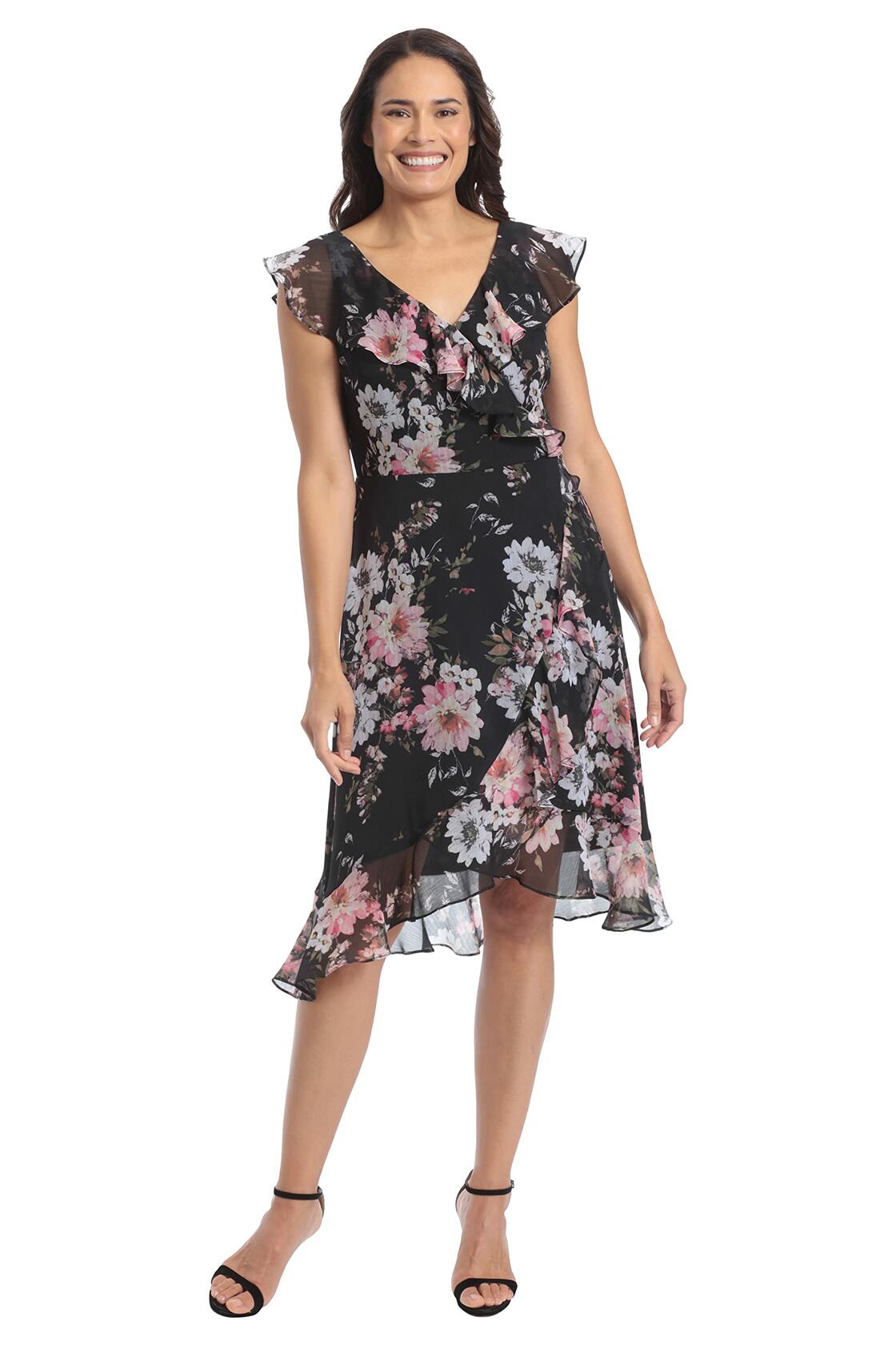 [Like New] London Times Women's Chiffon Ruffle Dress Black/Blush Size 14
