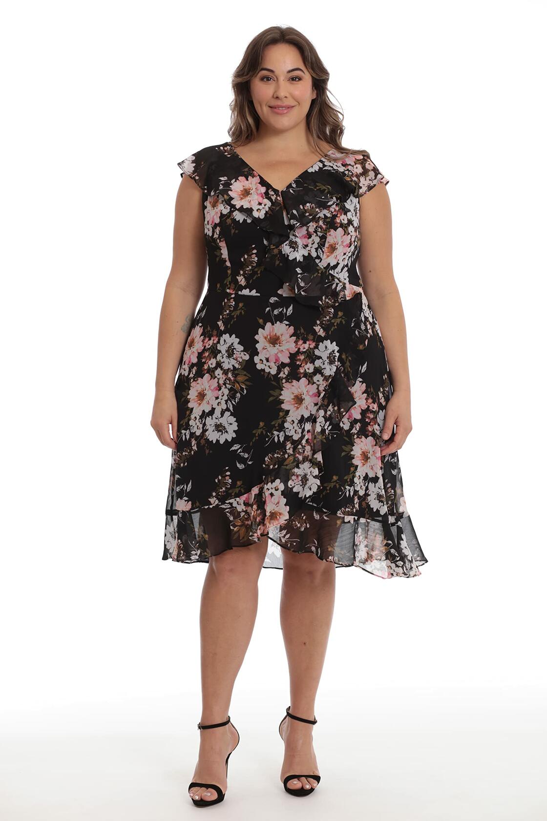 [Like New] London Times Women's Chiffon Ruffle Dress Black/Blush Size 14