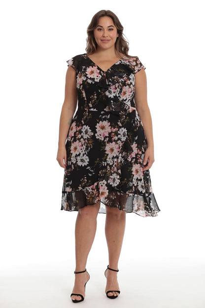 [Like New] London Times Women's Chiffon Ruffle Dress Black/Blush Size 14