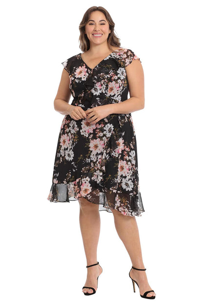 [Like New] London Times Women's Chiffon Ruffle Dress Black/Blush Size 14