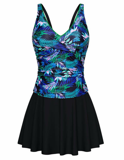 Kate Kasin Two Piece Swimsuit Tummy Control V Neck Blue Leaf Size 2XL