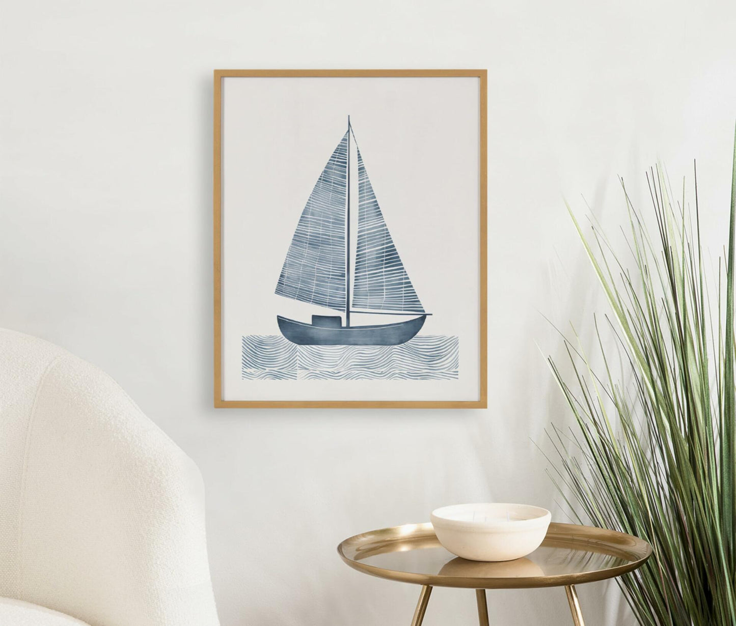 [Like New] Kate and Laurel Nautical Blue Sailboat Wall Art 16x20 Gold Wood