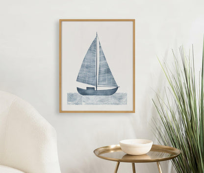 [Like New] Kate and Laurel Nautical Blue Sailboat Wall Art 16x20 Gold Wood