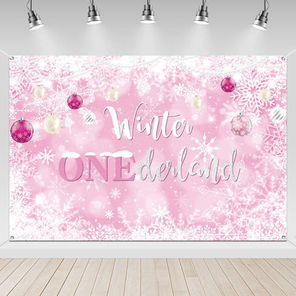 Winter Onederland First Birthday Banner Snowflake Backdrop 70.9x43.3 Pink