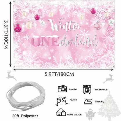 Winter Onederland First Birthday Banner Snowflake Backdrop 70.9x43.3 Pink