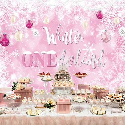 Winter Onederland First Birthday Banner Snowflake Backdrop 70.9x43.3 Pink