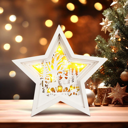 Rustic Wooden Christmas Reindeer Tree Topper Lighted Star 11x11 Inch