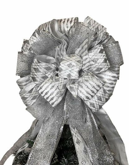 Handmade Christmas Tree Bow Topper Large Silver 27x12 Inches