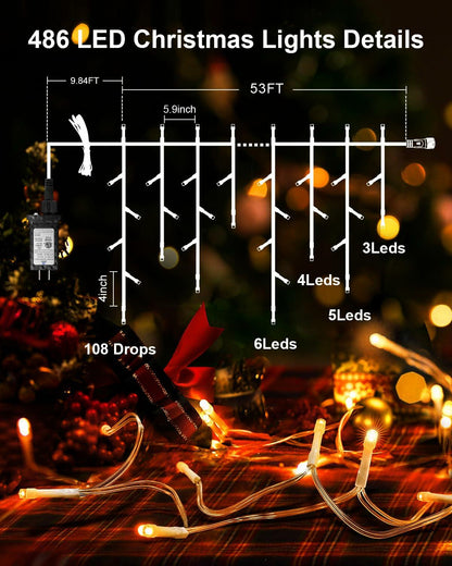 [Like New] JIXXULVU 2 Pack 53FT 486 LED Outdoor Waterproof Timer 8 Modes Warm White