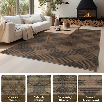 YIHOUSE Checkered Jute Rug 8x10 Brown Black Non Slip Indoor Outdoor