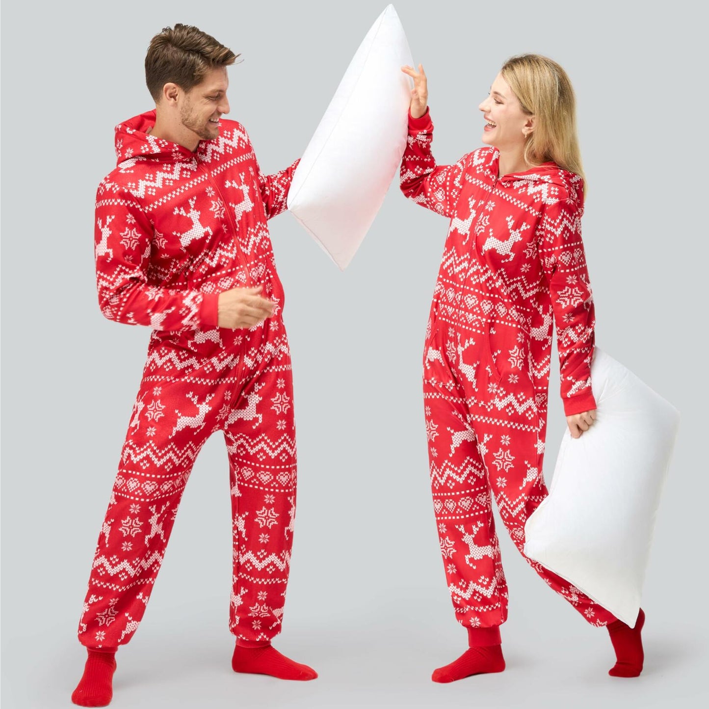 Giggling Getup Women Christmas Pajamas Hooded Nordic Print Red Size L