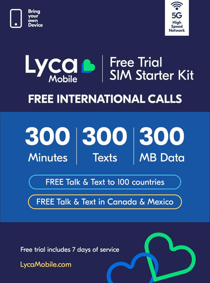 Lyca Mobile USA 5G/4G SIM Starter Kit Free Trial 300 Min/Text/MB 7 Days