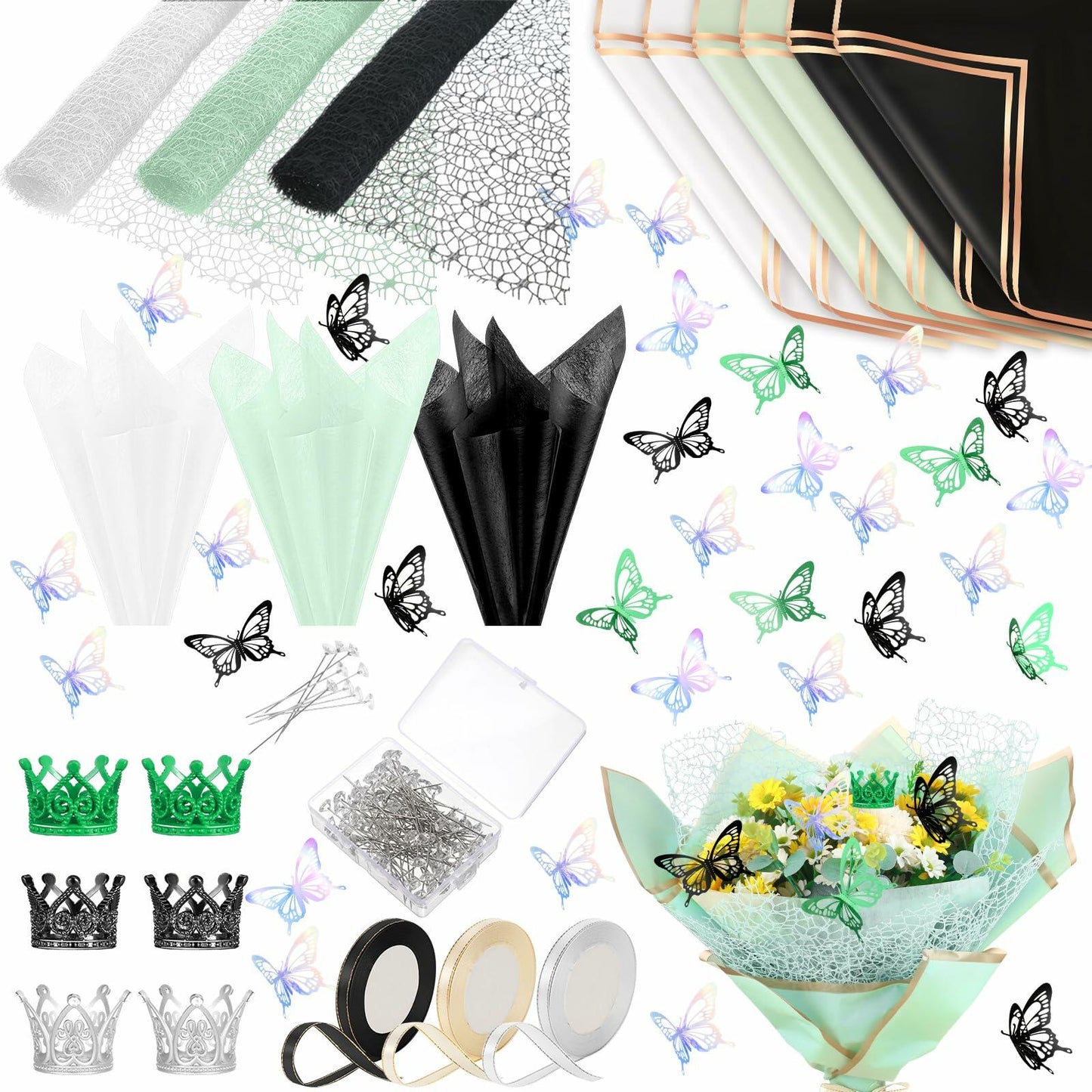 Qilery 334 Pc Flower Wrapping Paper Waterproof Floral Butterfly White Green