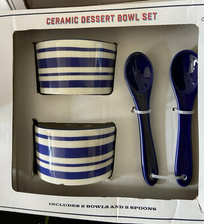 [Like New] White Ceramic Dessert Bowl Set Blue White Striped Chip Pattern