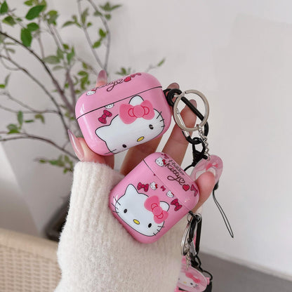 LZHZXM Cute Hello Cartoon Cat TPU Case with Pink Kawaii Lanyard Keychain