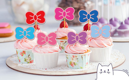 Hokinaa Kawaii Bow Cupcake Toppers 24 Pcs Cute Kitten Multi Colors
