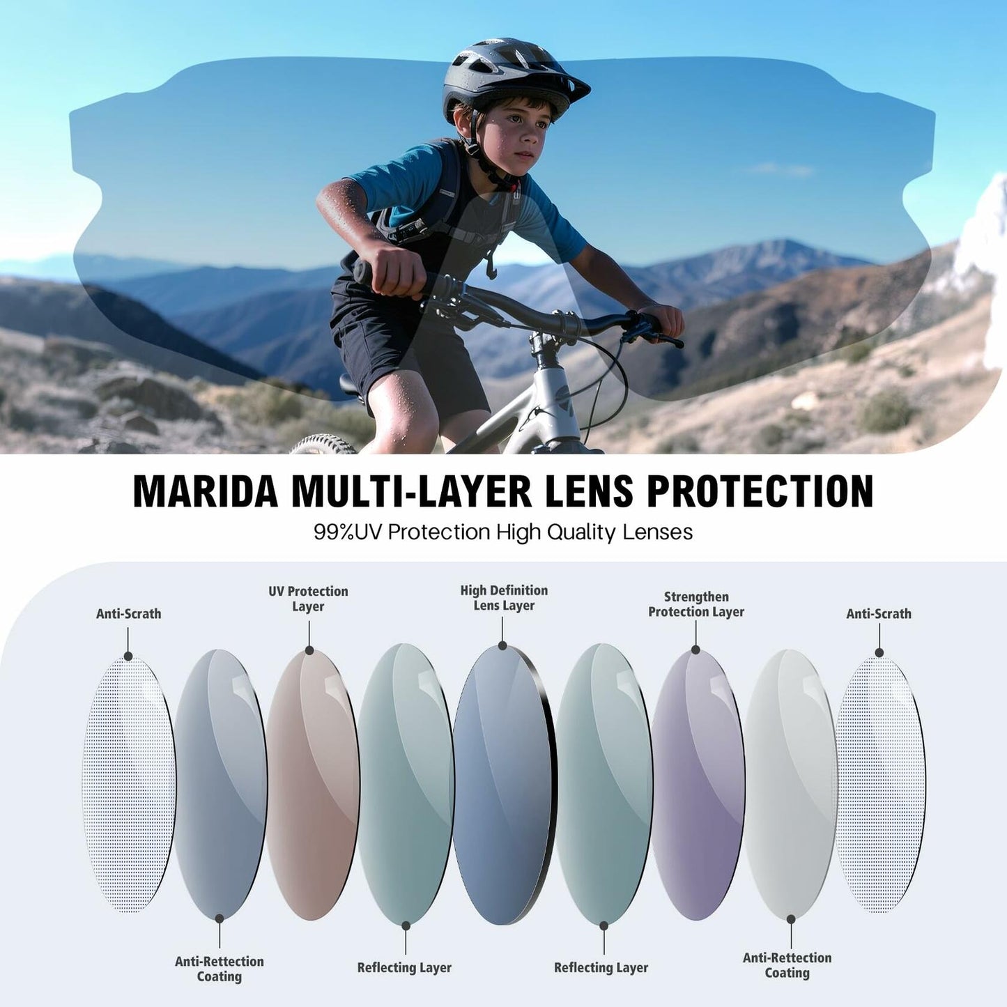 MARIDA Kids UV400 Baseball Sunglasses Sports Cycling White-Blue