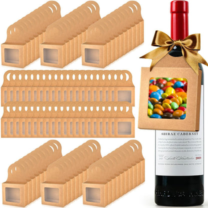 Mototo 100 PCS Kraft Paper Wine Bottle Boxes with Window Hanger Foldable Kraft
