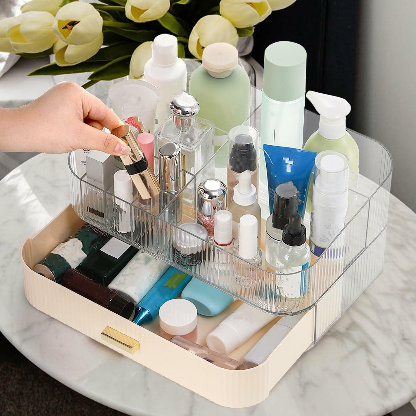 Acshio Clear Makeup Organizer with Drawer Stackable Vanity Storage Dustproof