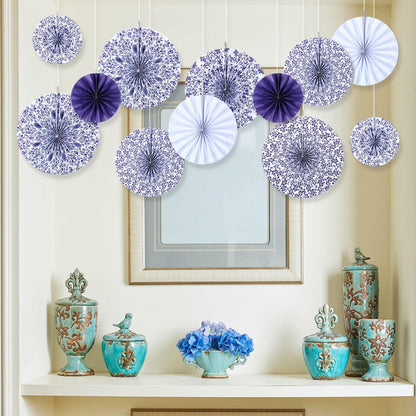 Wonderjune Chinoiserie Hanging Paper Fans Blue White 12 Pcs Party Decor