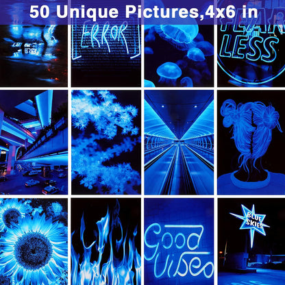 Ctosree 50 Pcs Blue Neon Wall Collage Kit 4x6 Inches Indie Room Decor