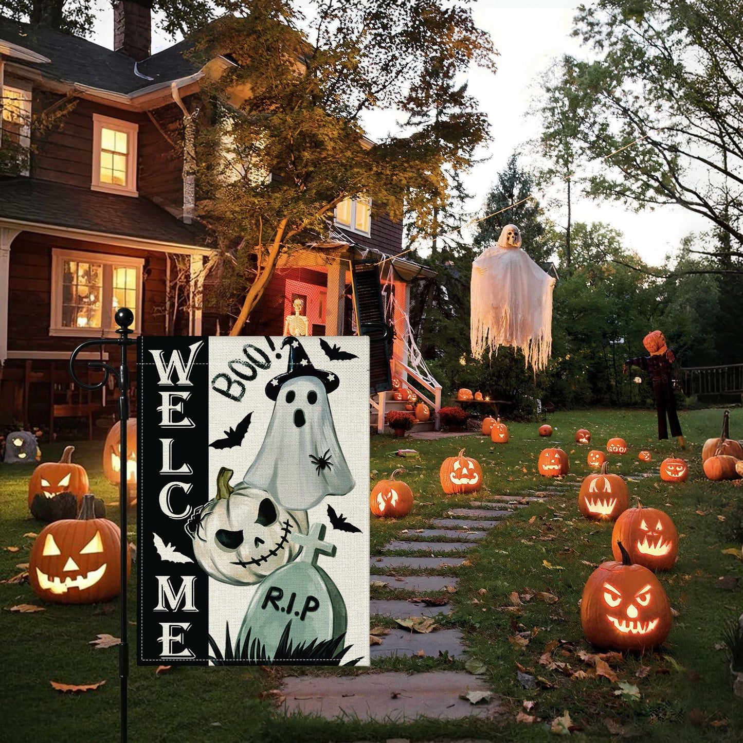 Artscope Halloween Ghost Pumpkin Tombstone Garden Flag 12x18 Inch