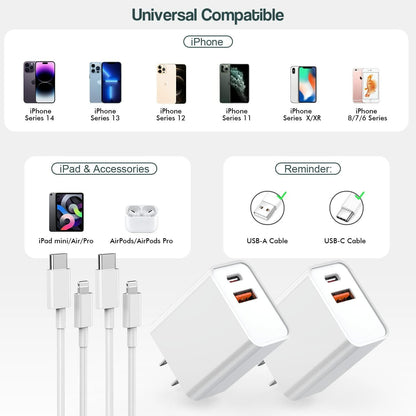 Fitquipment Fast 20W Dual Port QC+ USB C Charger 2Pack White 6FT Cable