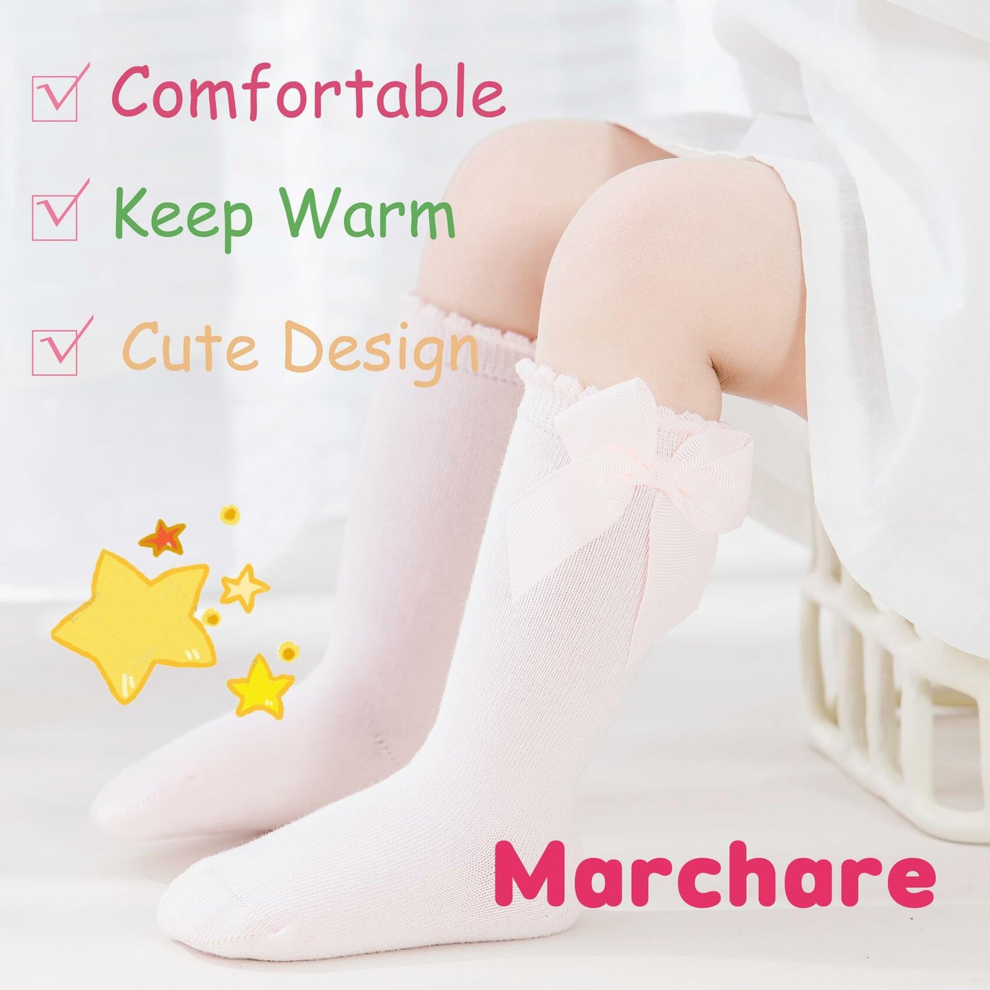 Marchare Baby Girls Knee High Socks Cotton 2 Pack Grey Light Pink 3-5T