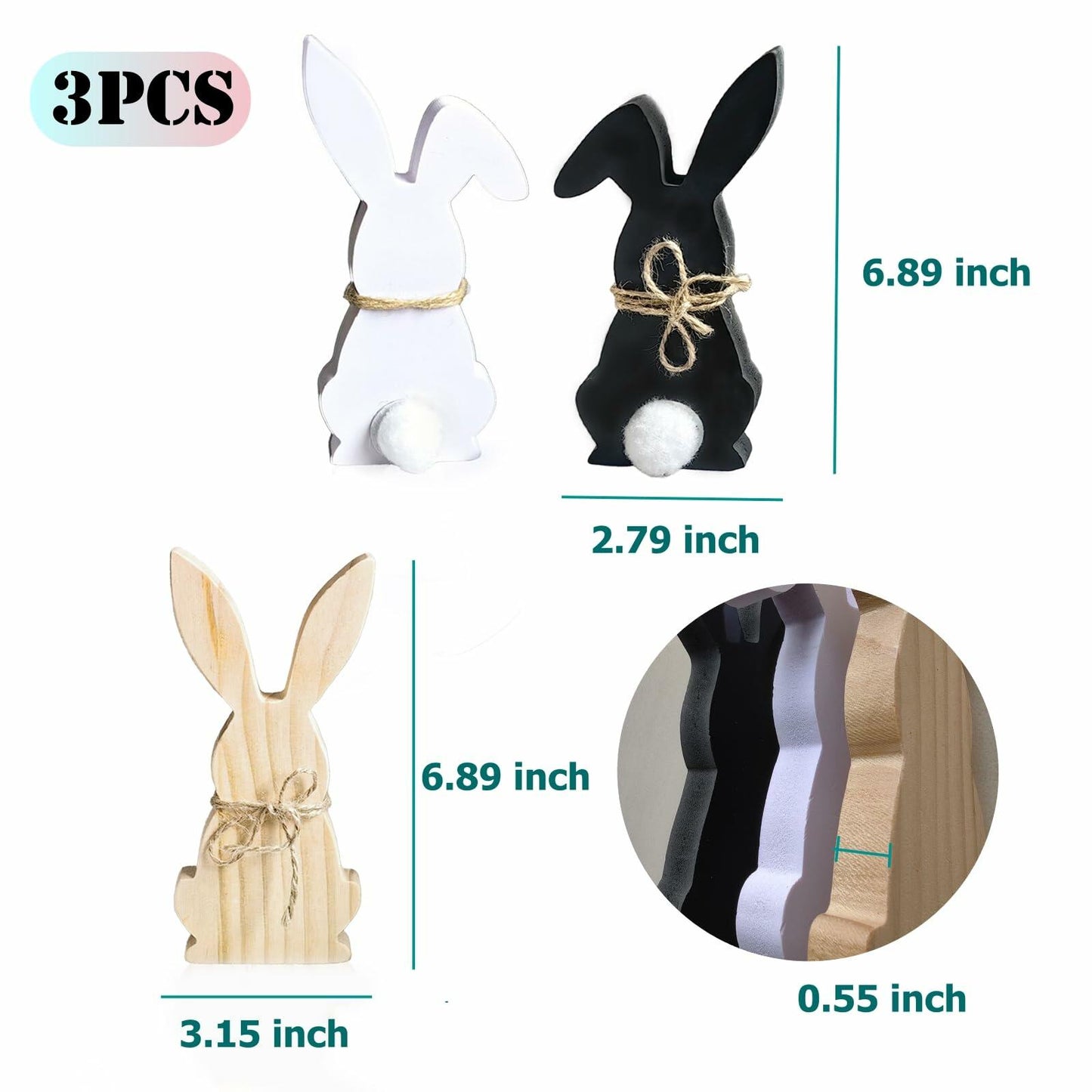 Hryxic 3 Pcs Easter Bunny Wooden Decorations Table Centerpiece White Black