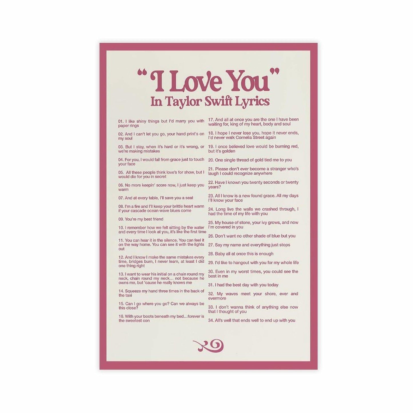 I LOVE YOU Lyrics Canvas Poster 12x18 Bedroom Wall Art Unframed Decor
