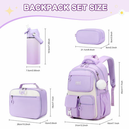 Scothen 4pcs Girls School Backpack Set Lunch Bag & Bottle Back to School