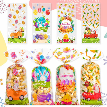 ABTOLS 100PCS Easter Cellophane Treat Bags Colorful Plastic Bunny 7x10in