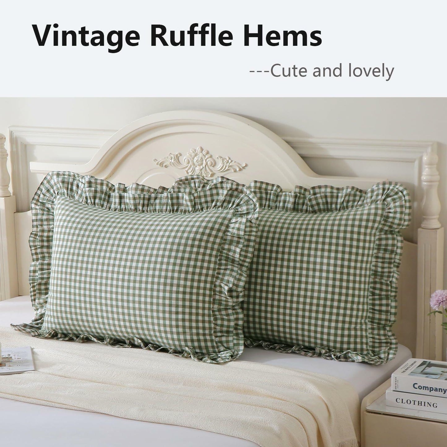 Aryeleay 2 Pack Sage Green White Plaid Ruffle Pillow Shams Cotton 20x20