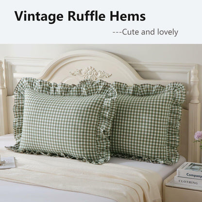 Aryeleay 2 Pack Sage Green White Plaid Ruffle Pillow Shams Cotton 20x20