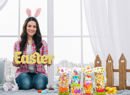 ABTOLS 100PCS Easter Cellophane Treat Bags Colorful Plastic Bunny 7x10in