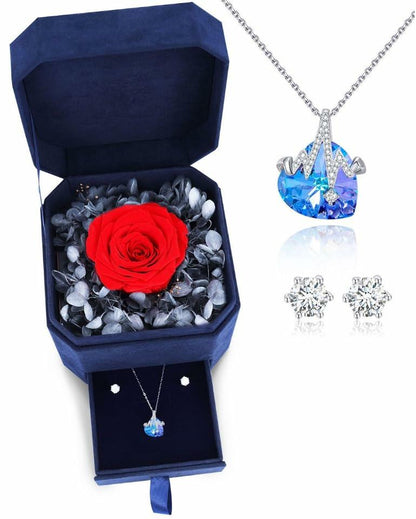 IMMORROSA Preserved Rose 925 Sterling Silver Austrian Crystal Necklace Earrings