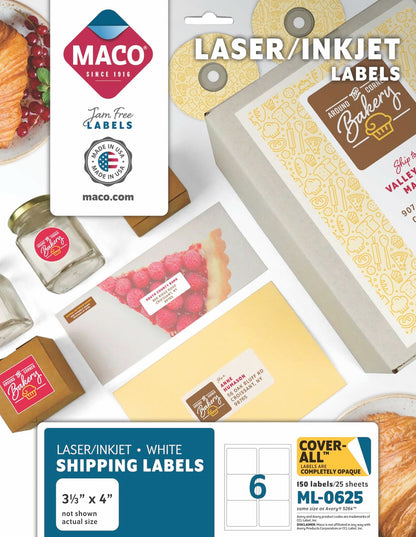 MACO Laser/Ink Jet White Cover-All Shipping Labels 3.33x4in 150 Pack