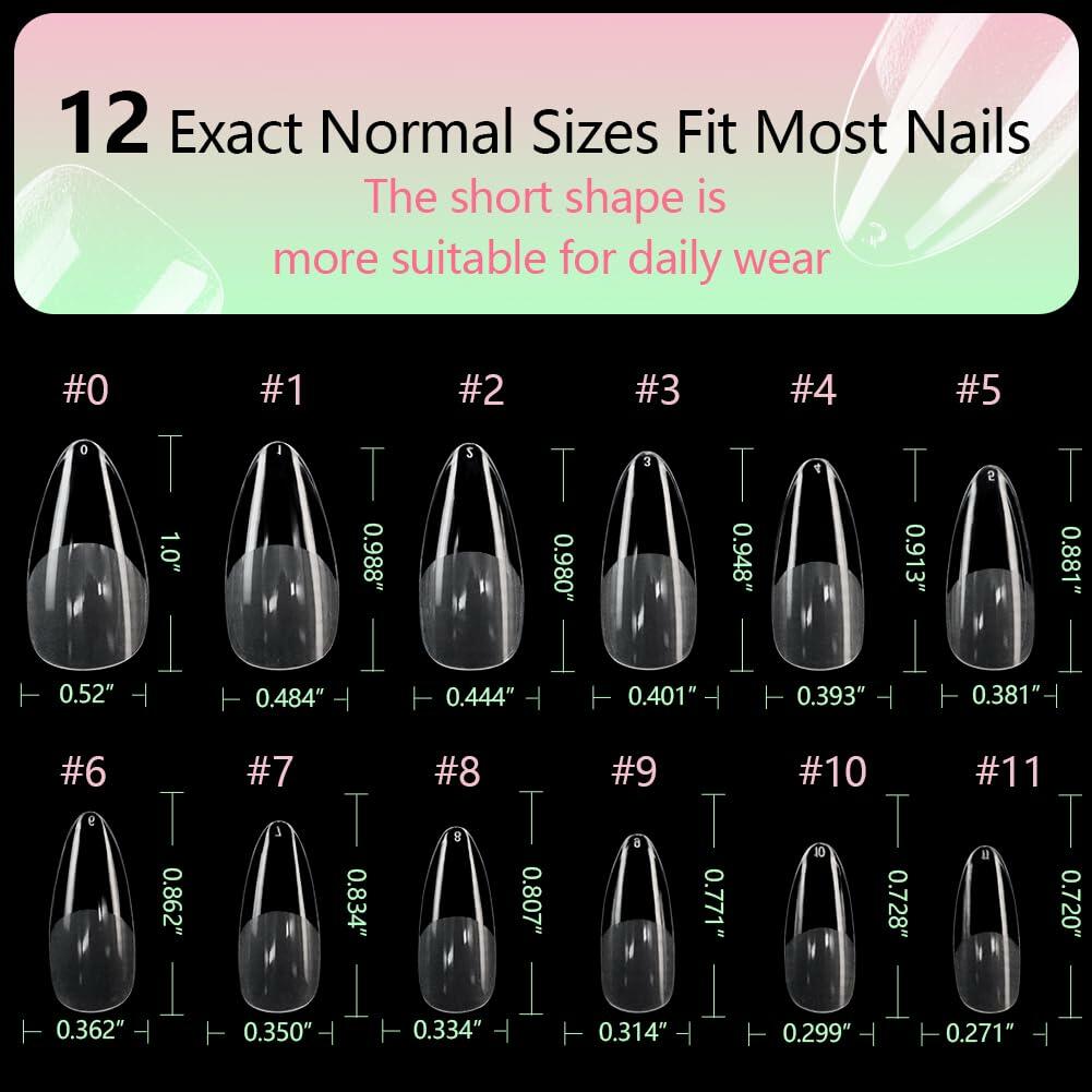 PrettyYo Short Almond Gel Nail Tips 240Pcs Clear 12 Sizes Full Cover