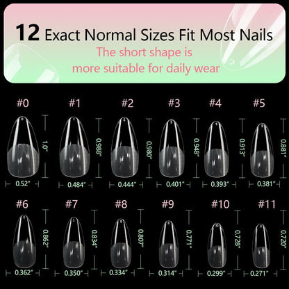 PrettyYo Short Almond Gel Nail Tips 240Pcs Clear 12 Sizes Full Cover
