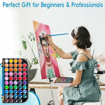 48 Color Solid Watercolor Paint Set with 3 Brushes for Kids & Artists