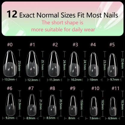 PrettyYo Short Almond Gel Nail Tips 240Pcs Clear 12 Sizes Full Cover