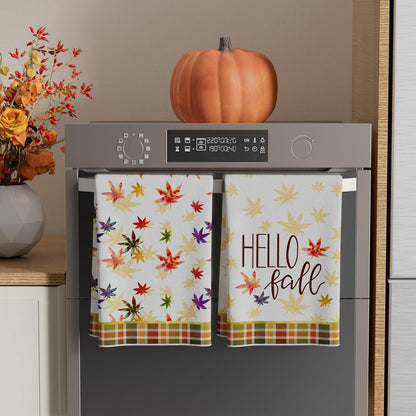 XCHI Hello Fall Watercolor Maple Leaves Plaid Dish Towels 18x26 Set of 2