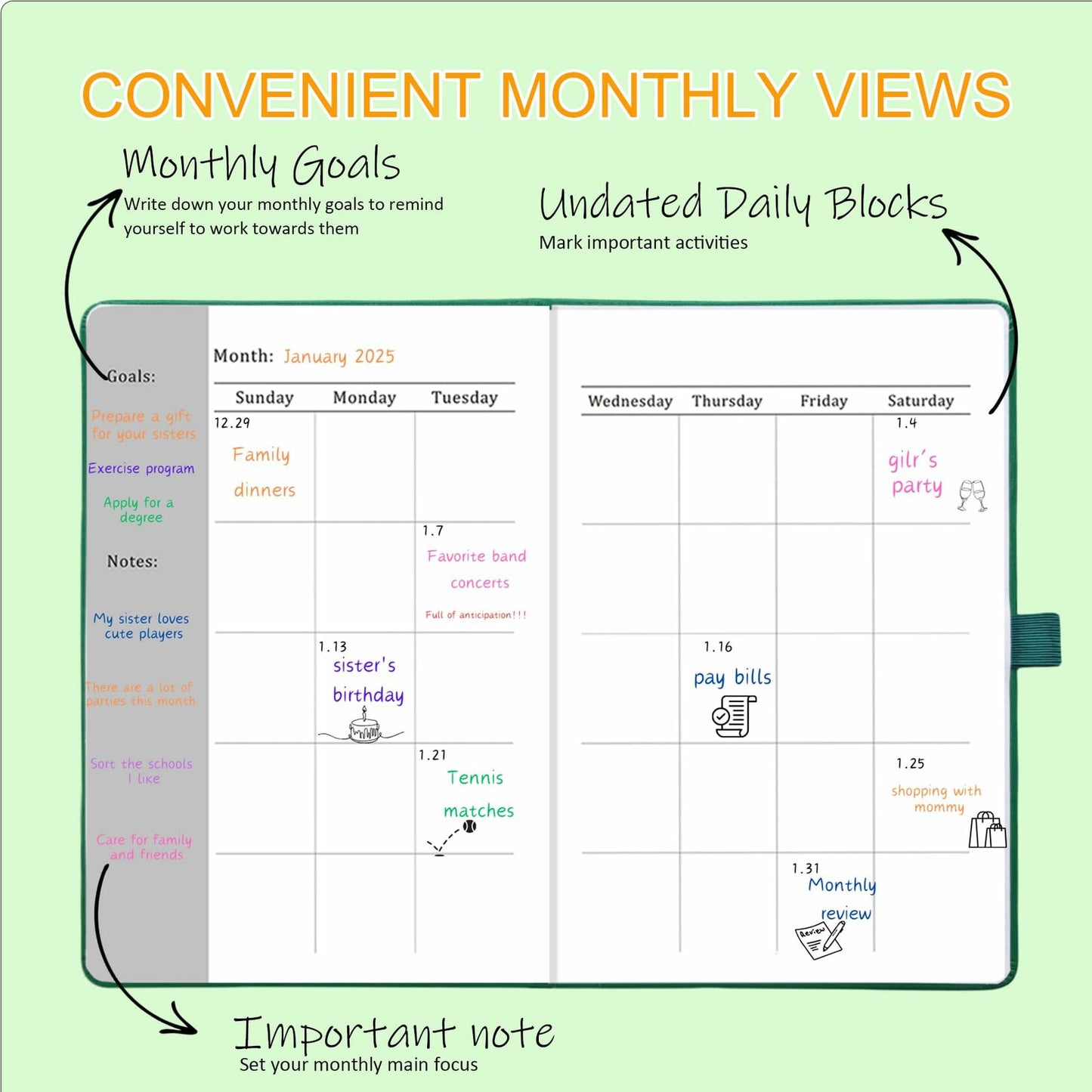 YOJO 2025 Undated A5 Weekly Planner with Goal & Habit Tracker Green