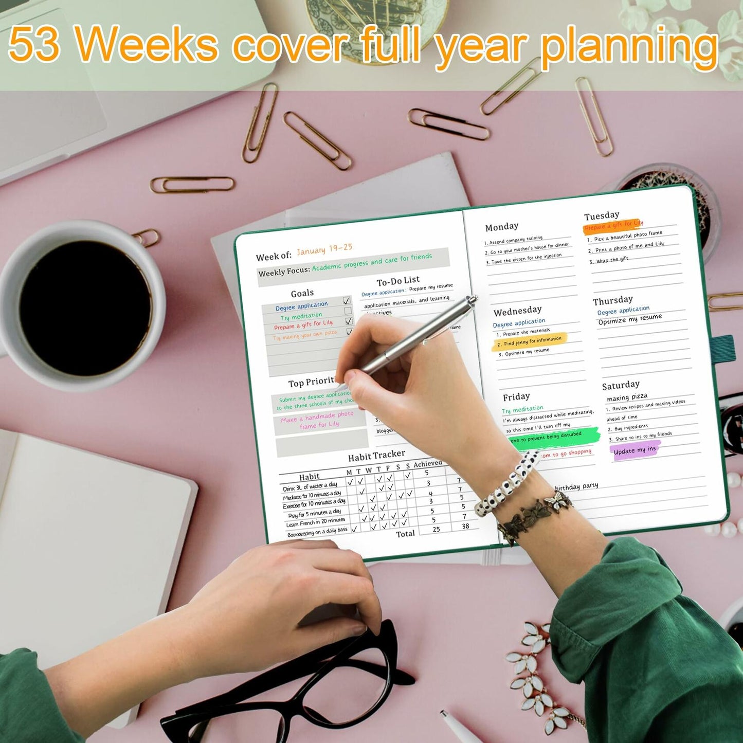 YOJO 2025 Undated A5 Weekly Planner with Goal & Habit Tracker Green