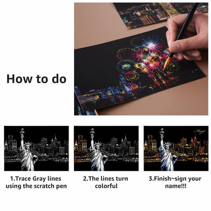 MIASTAR Scratch Art Paper Rainbow Night View Building Series 7.9x5.5 12 Sheets